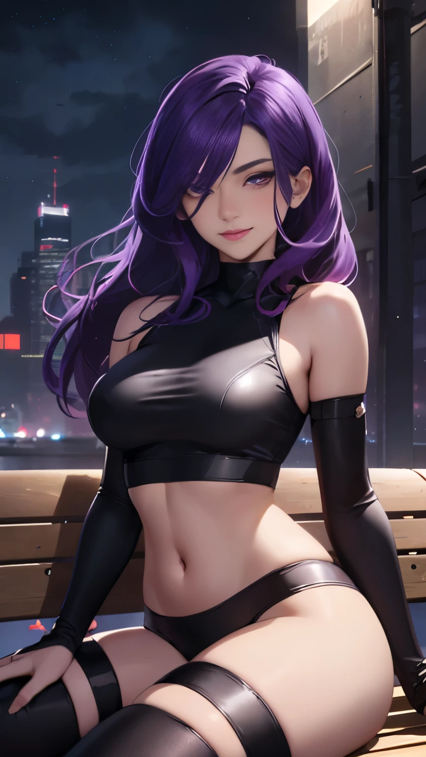 (Highly quality, masterpiece, detailed), night city detailed scenario, night city detailed background, 20 years old girl, solo, Psylocke_mains, long hair, smile, red ribbon, black crop top, medium breasts, purple eyes, purple hair, sitting on a bench, navel, perfect face, beautiful eyes, looking at the viewer, Sexy pose