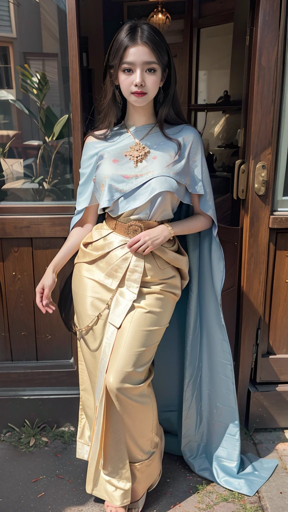 (raw photos:1.2), (realistic:1.4), (Masterpiece:1.3), (best quality:1.4), Ultra high resolution, (Detailed eyes), (Detailed facial features), (Detailed clothing features), HDR, 8K resolution, Focus only, Dressing according to Thai tradition, traditional shawl , 1 woman , Huge breasts, A gigantic rift, Big breasts push up clothes, big breast, fully grown breasts, small waist, Facing the audience, Full body, depth of field, Cinema-grade lighting,