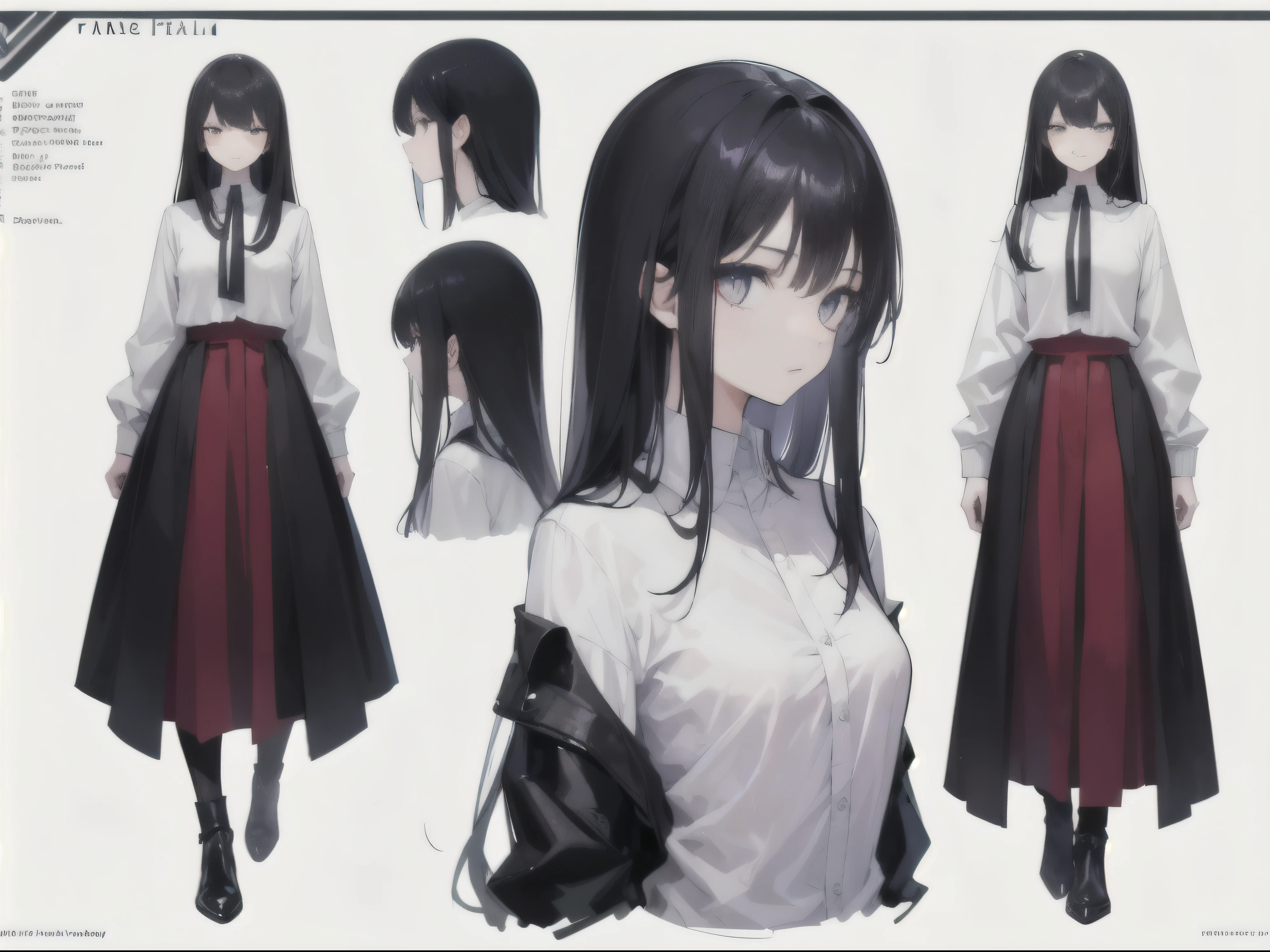 masterpiece, highest quality)), Detailed face, Character Sheets, whole body, Full of details, Various poses and expressions, Front view,Side view,Rear view, Character Sheet,Very detailed, depth, Many parts,black hair girl,Thin body type,My hair is messy,Long Hair,Small face,Emaciated,White oversized shirt long sleeve,shabby,free fall hair long,Face is dark,Emaciated,Extremely small breasts