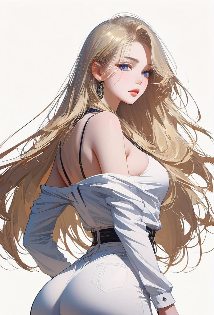 ((masterpiece,best quality,8K,High resolution)),((character concept art)), 1 female, noble, Old money atmosphere, supermodel, fashion model, 35 years old, (long blonde hair), blonde hair, (fair complexion), Super fine eyes (blue eye color), extraordinary gorgeous, grace, charming, clever, calm, Perfect body ((slim and curvaceous)), ((intricate details)), Ultra-delicate hand details, super thin fingers(((Ten fingers))), Wearing a white blazer、White shirt and white pants (stand still), (full body display), ((show the whole body)), (No logos on background), (No logo), ((solid color background)), ((solid color background)), (((empty background)))