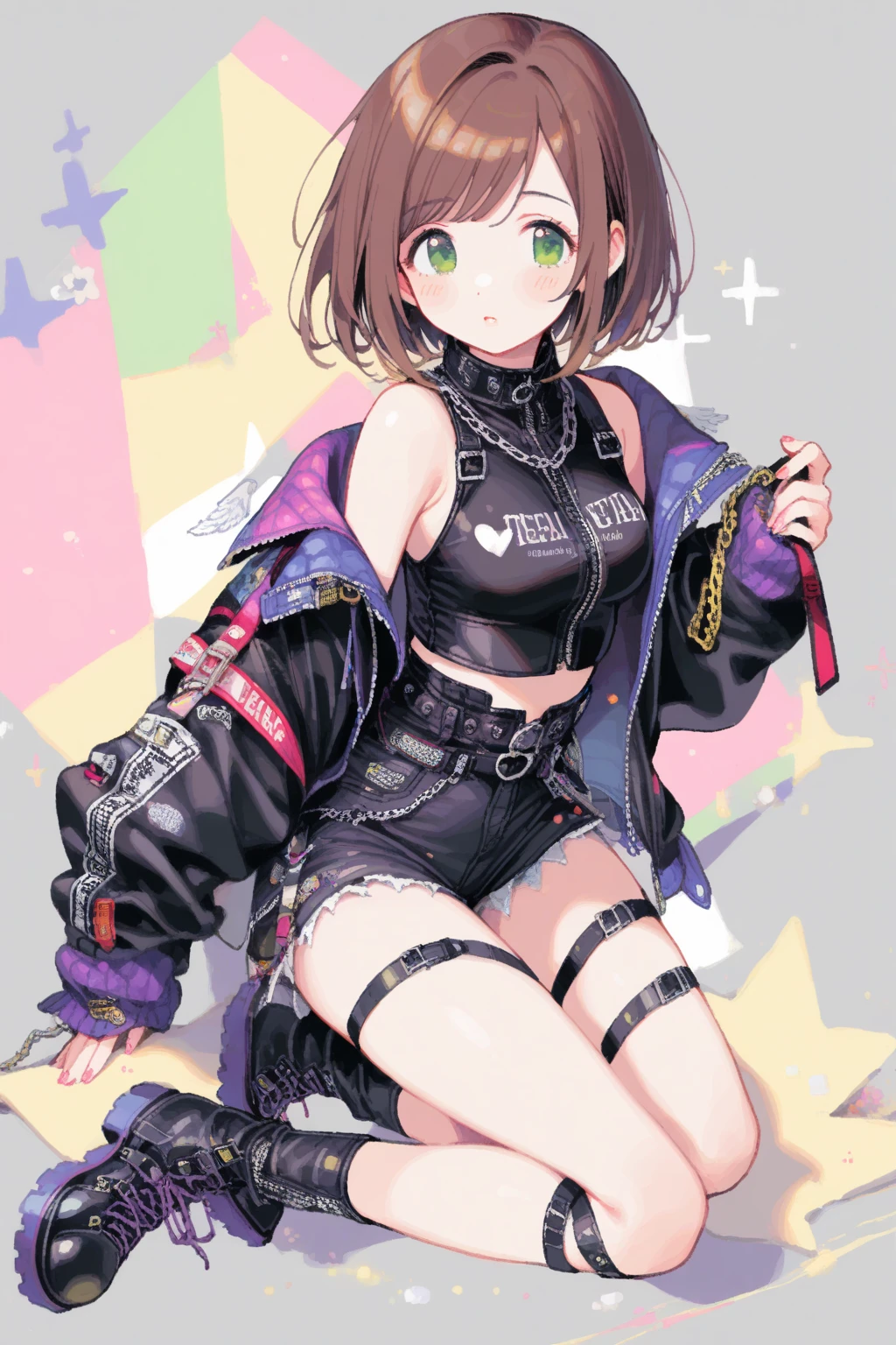 1girl, maekawa miku, idolmaster, tegaki, solo, brown bob_cut, Green_eyes, (Heavy_metal_fashion:1.2), full body
