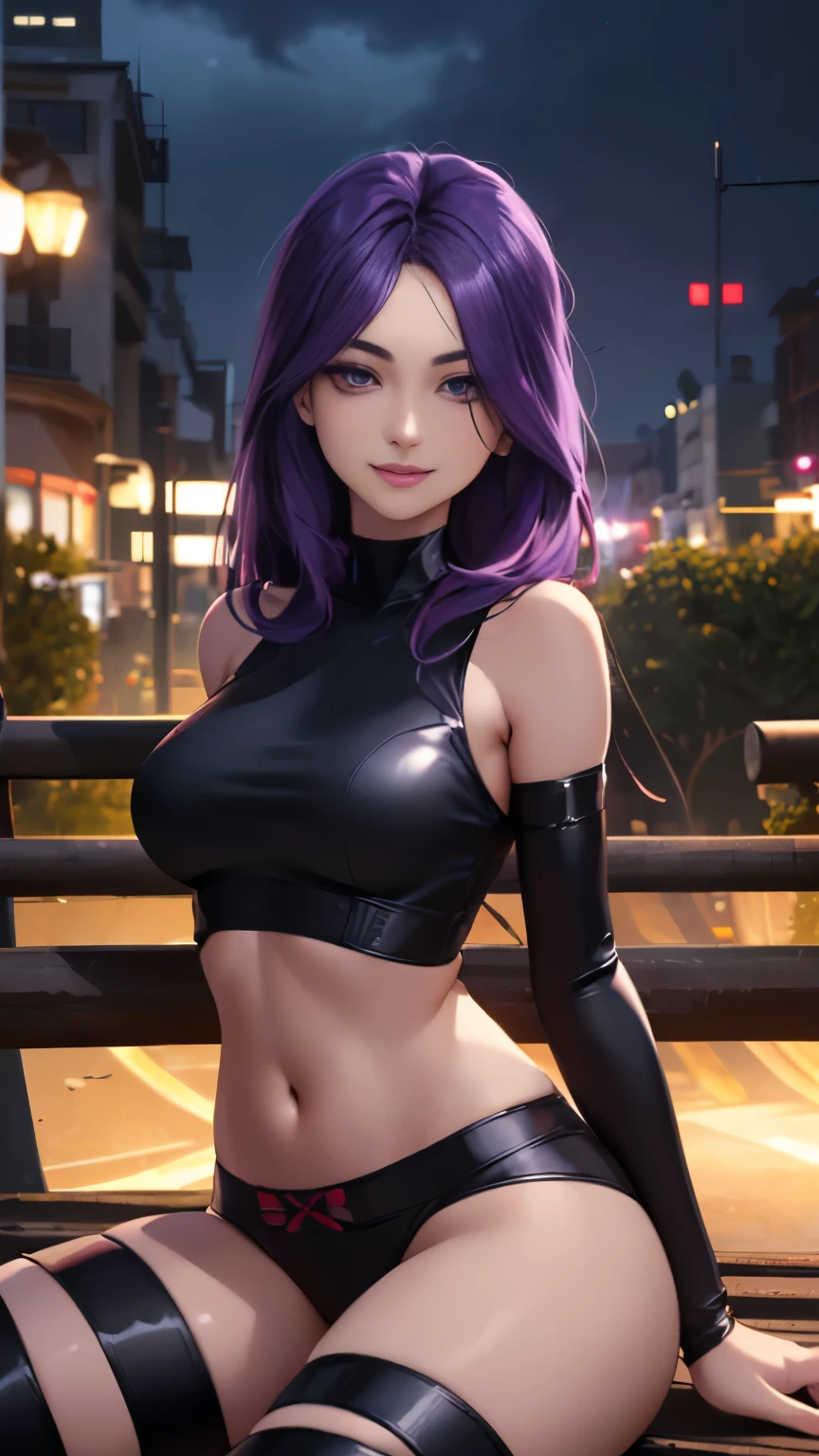 (Highly quality, masterpiece, detailed), night city detailed scenario, night city detailed background, 20 years old girl, solo, Psylocke_mains, long hair, smile, red ribbon, black crop top, medium breasts, purple eyes, purple hair, sitting on a bench, navel, perfect face, beautiful eyes, looking at the viewer, Sexy pose