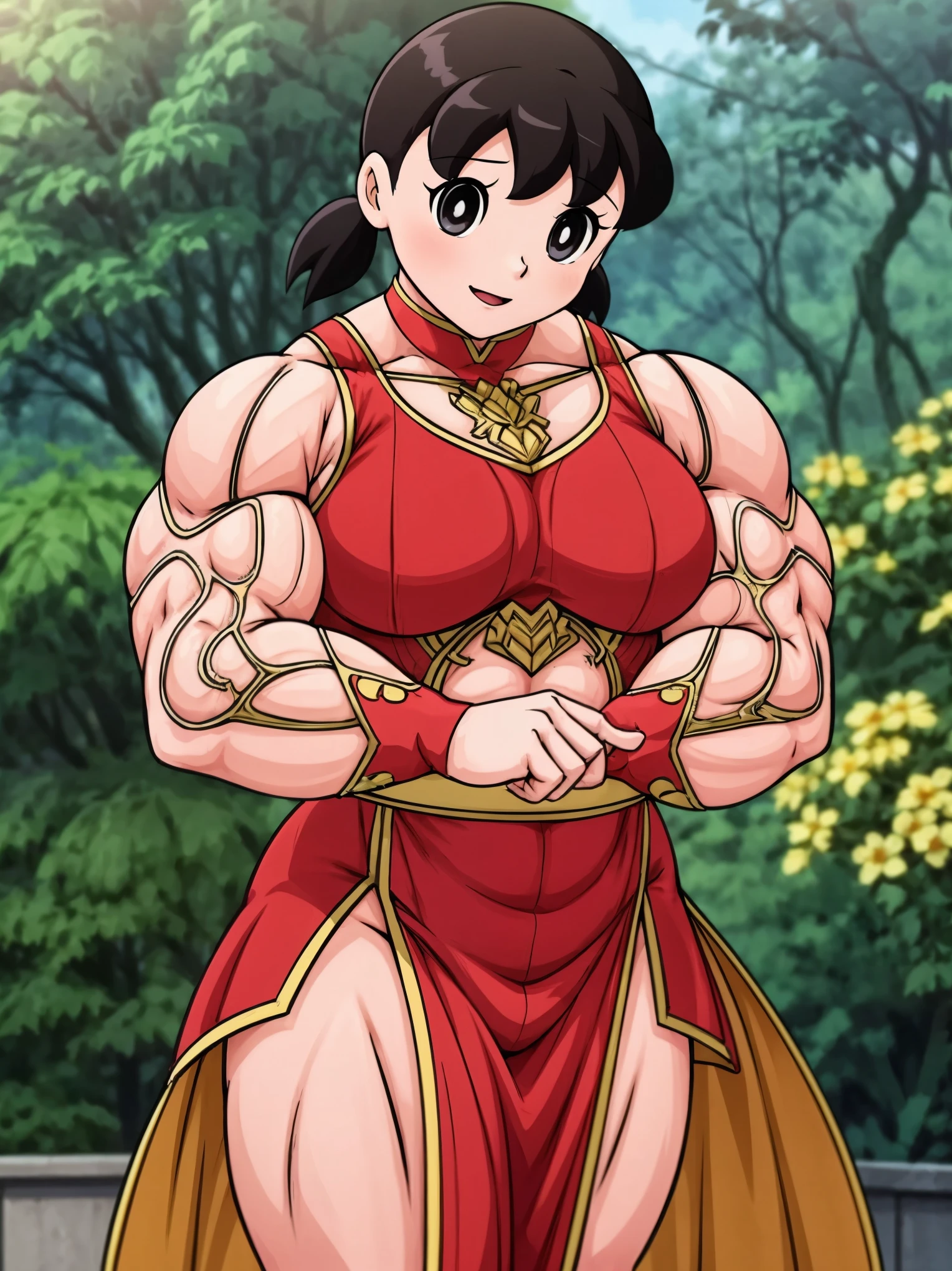 In a beautiful countryside, under the warm sunlight, stands Shizuka Minamoto, a big muscular female bodybuilder. Her toned muscles glisten with sweat as she confidently poses in front of a blooming garden. Her body is a masterpiece of strength and determination, adorned with bulging biceps, defined six-pack abs, and powerful legs. Shizuka's eyes sparkle with determination and focus, while her lips form a determined smile. Her long eyelashes add to her overall beauty and charm. The artwork depicts Shizuka in a hyper-realistic style, resembling a high-resolution photograph. Every detail of her physique is captured with extreme precision, showcasing the dedication and hard work she has put into her training. The lighting in the scene highlights her muscular contours, creating a visually striking composition. The garden surrounding Shizuka is filled with vibrant colors, with flowers of various hues and shades. The lush green grass provides a natural and refreshing backdrop. The scene is bathed in warm, golden sunlight, casting soft, cascading shadows across the landscape. The overall color tone of the image is vivid and vibrant, enhancing the energetic atmosphere. The medium used to create this artwork is a combination of traditional illustration and digital painting techniques. The fine details and textures of Shizuka's muscles are painstakingly hand-drawn, while the background and foliage are digitally rendered for a realistic and immersive experience. The result is a visually stunning artwork that showcases the beauty and strength of the human body. In summary, the Stable Diffusion prompt for this artwork is: Shizuka Minamoto, big muscular female bodybuilder, beautiful countryside, confident pose, bulging biceps, defined abs, powerful legs, determined eyes and lips, long eyelashes, hyper-realistic, high-resolution, vibrant colors, warm sunlight, detailed muscles, traditional illustration combined with digital painting, realistic foliage, vivid and vibrant color.