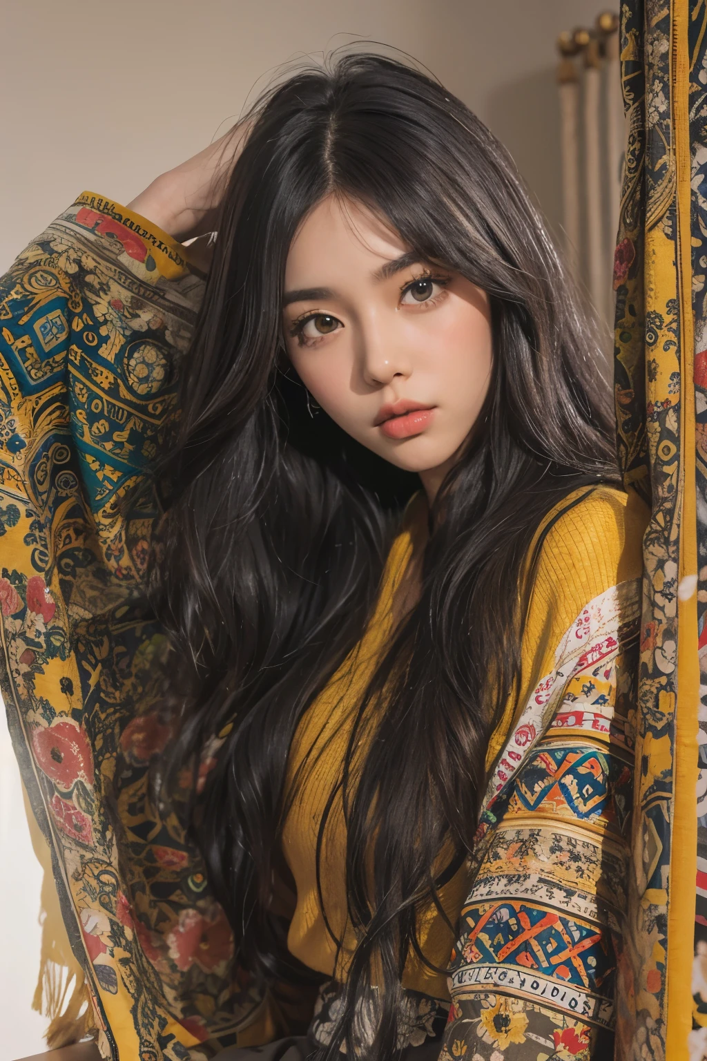 Araped woman wearing multi-colored blouse with long black hair, mustard colored skirt, curtain bangs, No makeup, wavy hair, Madison Beer, without makeup, 중앙에서 분리된 curtain bangs, Profile picture, Use Instagram Filters, Subtle soft and dim light, Pose sitting in front of a laptop, perfect face, julia sardinian, perfect hands, Random Actions,