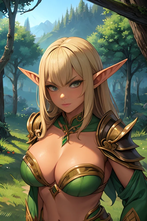 Tan skin, elf, Forest armor, glaring at viewer, tree village,