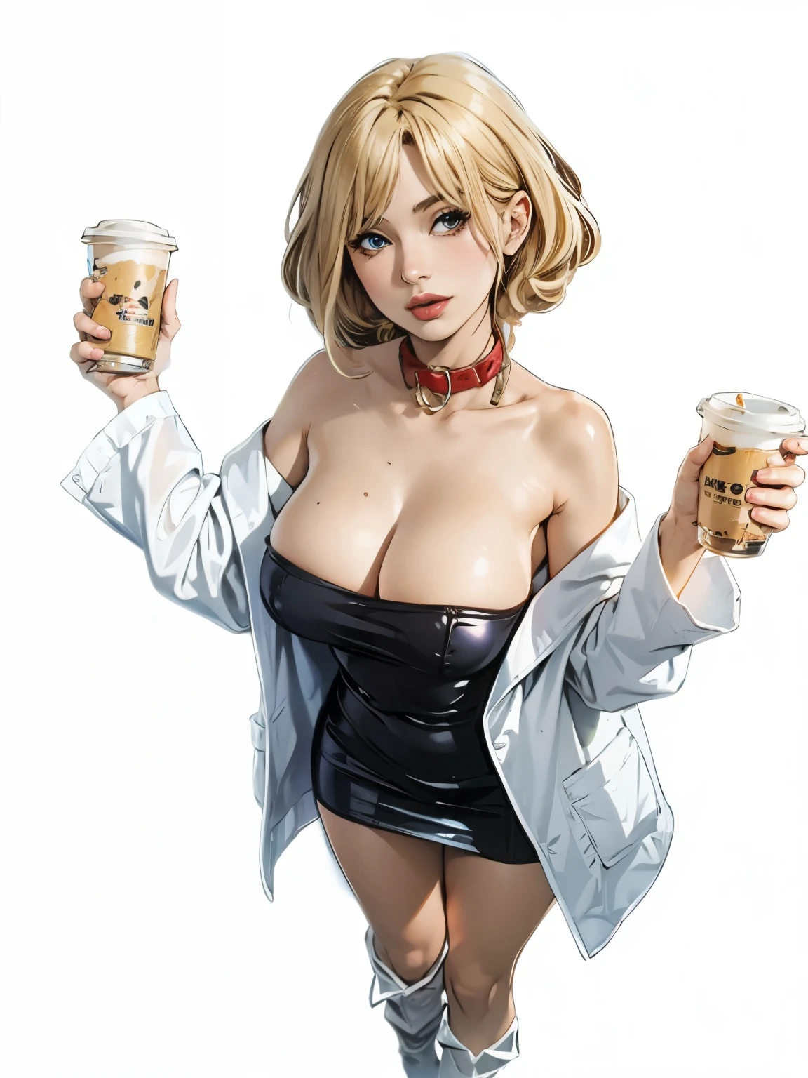 drawing, Blonde woman in black dress holding a cup of coffee, Anime girl drinking energy drink, anime girl cosplay, เด็กนักเรียนที่Exaggerated, Stop four, Soda Theme Girl, Mysterious coffee shop girl, Stop four *, Mercy from Overwatch, Exaggerated , anime characters; Whole body art, anime cosplay, From the girls at the front, Added an astronomy lab backdrop.