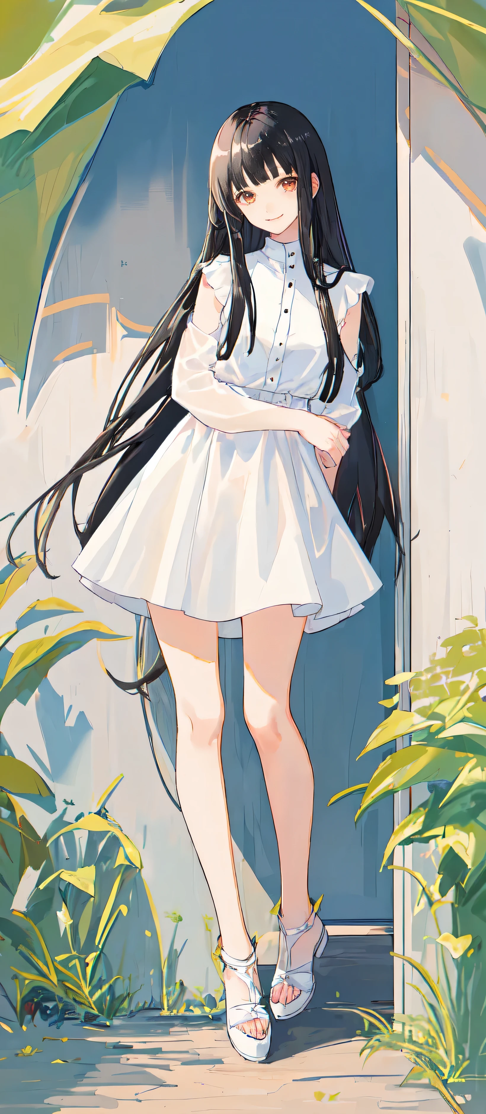 1 girl, 15 years old, full body, sit, black hair, long hair, blunt bangs,long length white shirt dress, summer, smile, ((standing)), leaning forward, long length,
