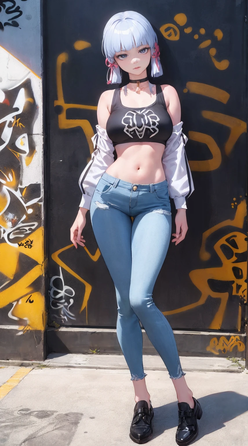 kamisato ayaka|genshin impact, master-piece, bestquality, 1girls, youthful, proportional body, elongated legs, Beautiful, proportional., crop top, Long Jeans, big breasts, ,bara, crop top, choker, (Graffiti:1.5), Splash with purple lightning pattern., arm behind back, against wall, View viewers from the front., Thigh strap, Head tilt, bored,(NSTDA.:1.2), (10, beste-Qualit, master-piece: 1.4), Beautiful red hair, ultra-high resolution, (lifelike, photorealistic portrait: 1.48), 20 age, Cute Girl, (Looking Through Crop Tops.), Famous Japanese actors, beautiful clear eyes, Head tilt, cowboy shot, from the front, looking at the audience, expressionless, Beautiful lake, Zeiss 150mm F/ 2.8 Hasselblad, Whole body, foot, Ultra-Wide Angle,full body figure,full photo , head to toes full body , thighshighs wearing shoes, black blue patterns shoes,