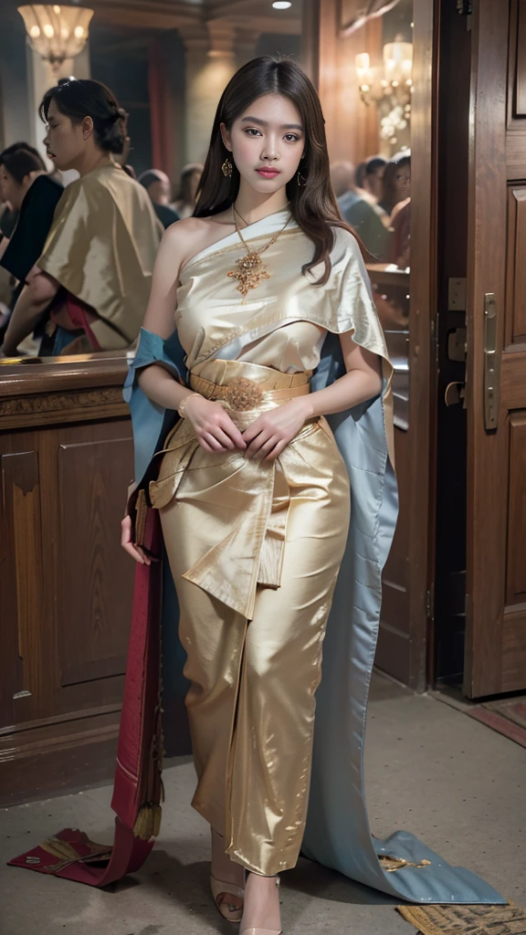 (raw photos:1.2), (realistic:1.4), (Masterpiece:1.3), (best quality:1.4), Ultra high resolution, (Detailed eyes), (Detailed facial features), (Detailed clothing features), HDR, 8K resolution, Focus only, Dressing according to Thai tradition, traditional shawl , 1 woman , Huge breasts, A gigantic rift, Big breasts push up clothes, big breast, fully grown breasts, small waist, Long legs, Facing the audience, Full body, depth of field, Cinema-grade lighting,