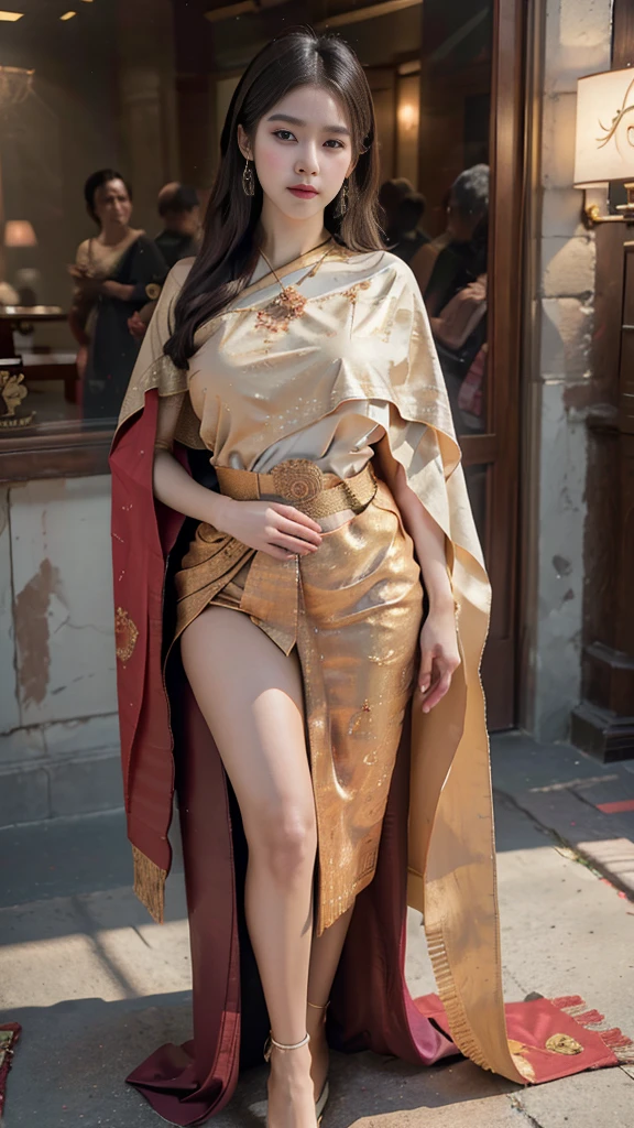 (raw photos:1.2), (realistic:1.4), (Masterpiece:1.3), (best quality:1.4), Ultra high resolution, (Detailed eyes), (Detailed facial features), (Detailed clothing features), HDR, 8K resolution, Focus only, Dressing according to Thai tradition, traditional shawl , 1 woman , Huge breasts, A gigantic rift, Big breasts push up clothes, big breast, fully grown breasts, small waist, Long legs, Facing the audience, Full body, depth of field, Cinema-grade lighting,