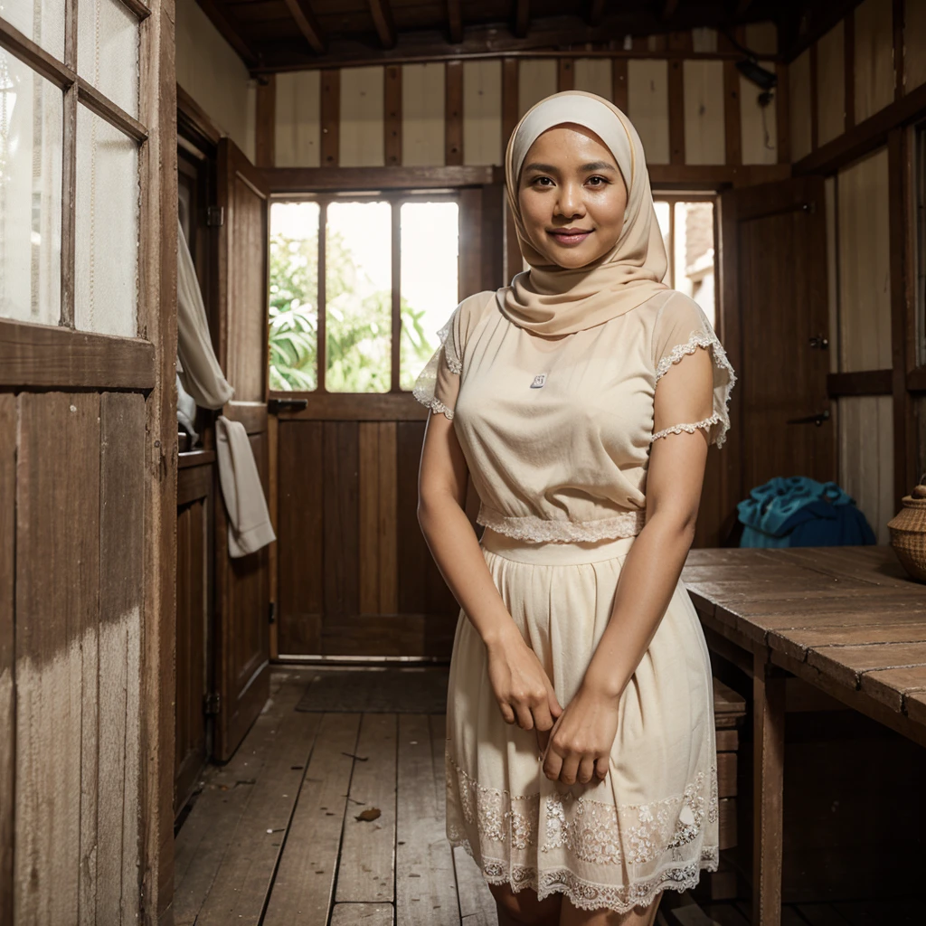 A 52 years old Indonesian woman in cream color hijab, wearing cream color bra, wearing very short see-through cream color lace skirt, skirtlift, villager, poor woman, darker skin, curvier body, short body, smiling and standing alone in an old wooden house, look to the viewer with eye close