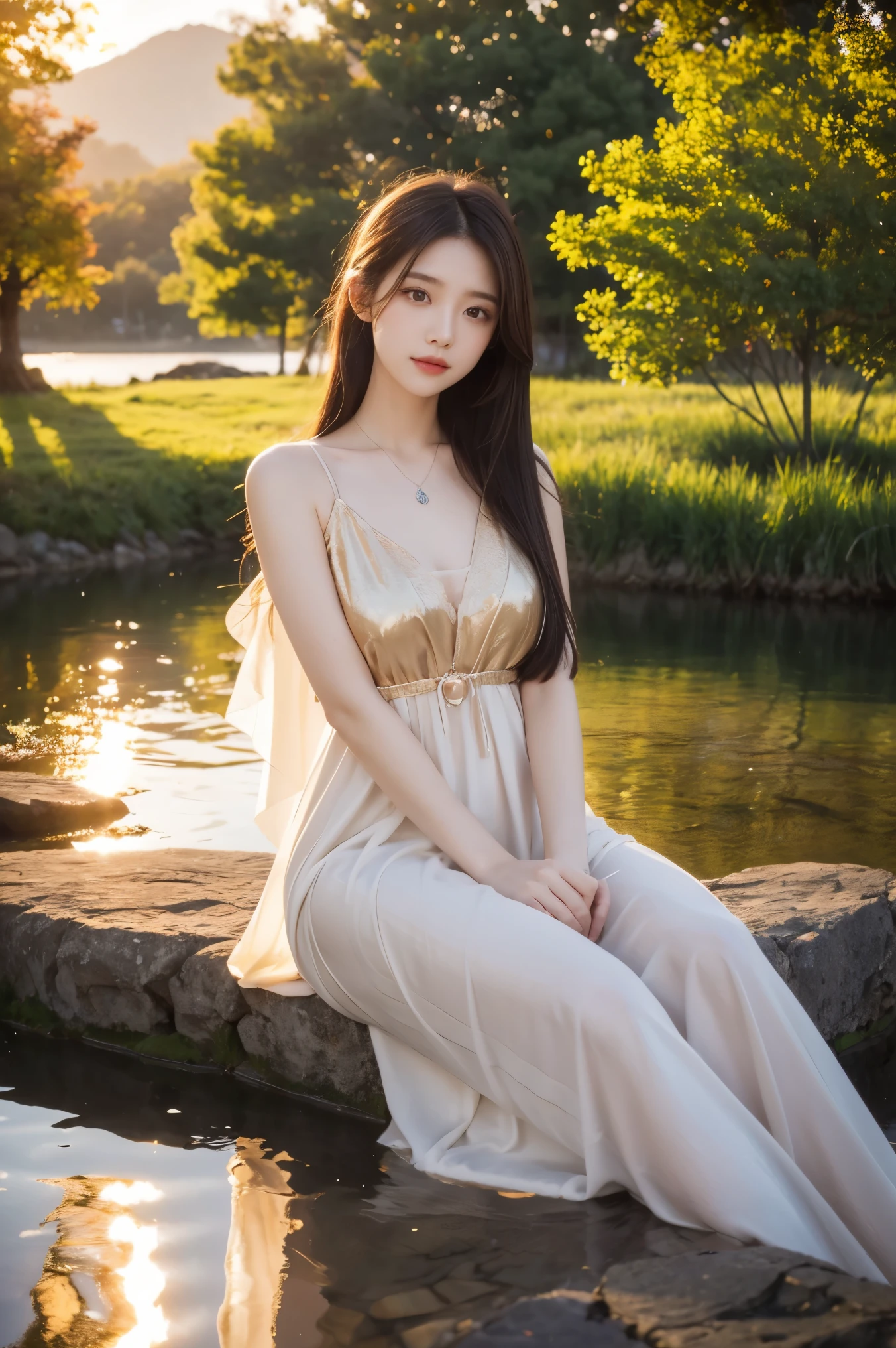 1 girl, serene expression, mesmerizing eyes, straight long hair, flowing dress, poised posture, porcelain skin, subtle blush, crystal pendant
BREAK
golden hour, (rim lighting):1.2, warm tones, sun flare, soft shadows, vibrant colors, painterly effect, dreamy atmosphere
BREAK
scenic lake, distant mountains, willow tree, calm water, reflection, sunlit clouds, peaceful ambiance, idyllic sunset, ultra detailed, official art, unity 8k wallpaper
, zentangle, mandala