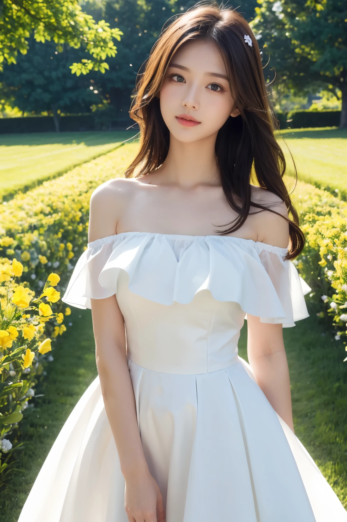 Best quality, masterpiece, ultra-high resolution, (realistic: 1.4), original photo, 1 girl, white dress, off shoulder, flower field, radiant skin, faint smile, whole body