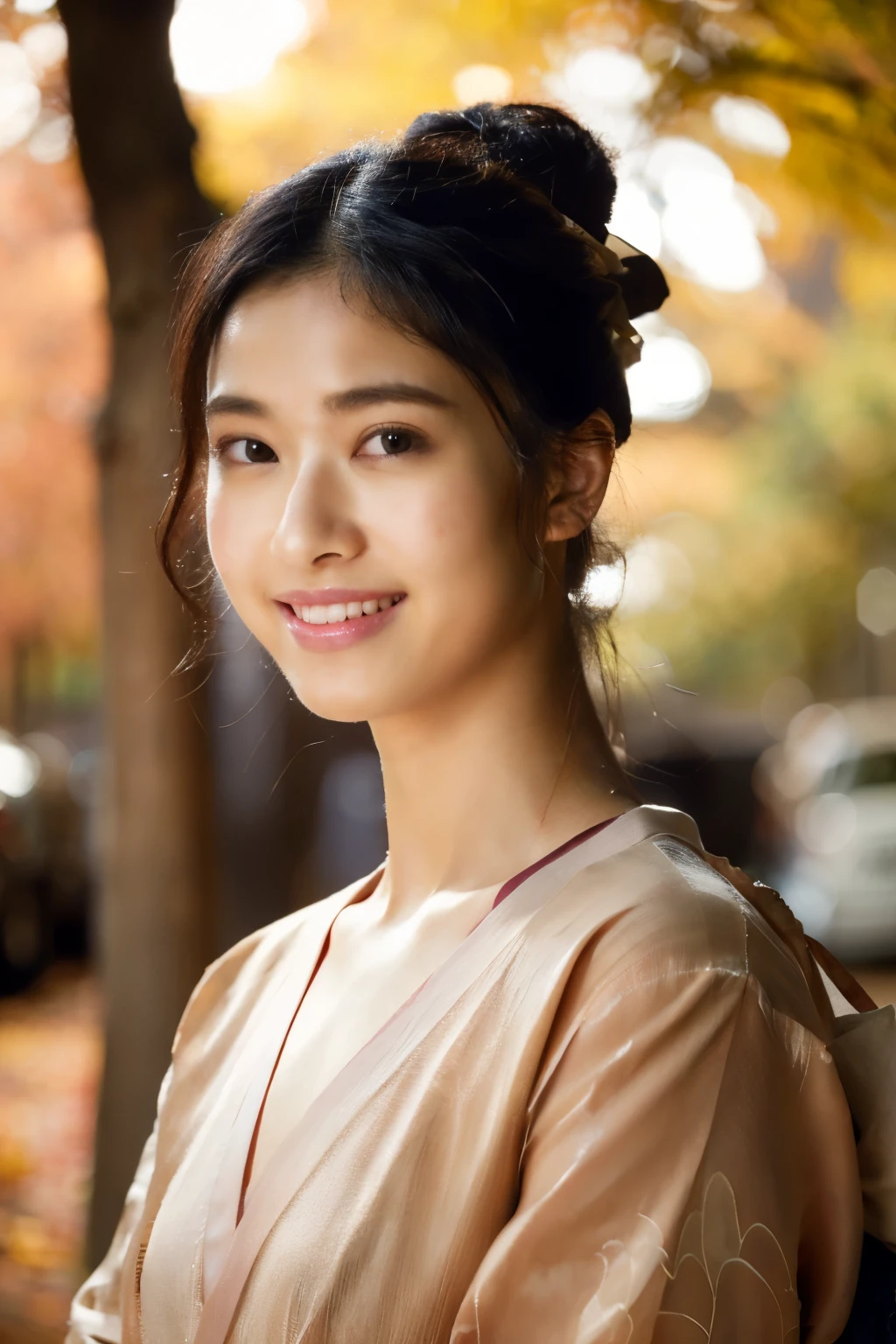 (realistic:1.3), rembrandt lighting, (masterpiece:1.2), (photorealistic:1.2), (best quality), (detailed skin:1.3), (intricate details), ray tracing,1 woman, japanese girl, 21 years old, detailed skin texture, (blush:0.5), underground spawning, smiling, tie one's hair up, forehead, hair between eyes, headdress, kimono, floral pattern, wearing edgJF_kimono, seiza (bright sunny day, autumn setting, autumn trees and leaves, (It was transparent:1.2)