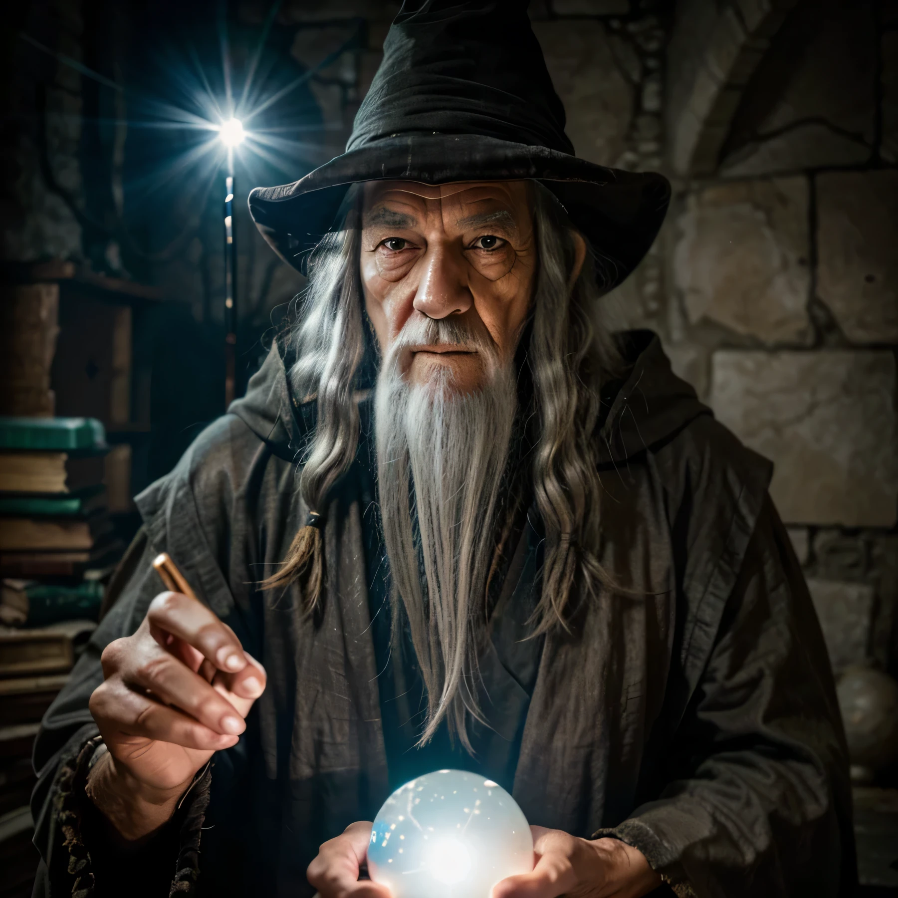 old wizard that looks like gandalf, holding glowing orb. 0.5 fisheye lense pov