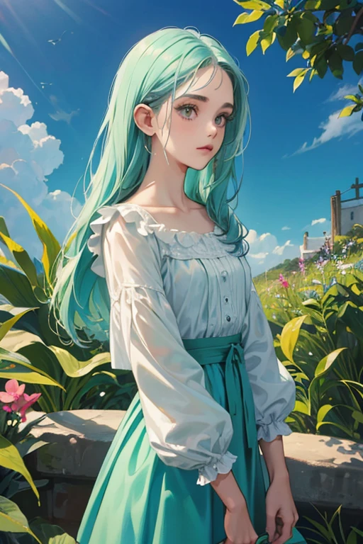 uma pintura digital de uma mulher com longos cabelos castanhos ondulados, olhos verdes, uma jovem nobre de 1800 , recursos suaves, vestido azul marinho, em um jardim, estilo retrato