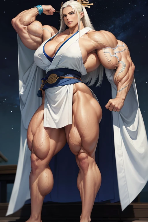 (((((Massive tall, beautiful, buff, brown skinned muscular goddess woman with white hair, glowing blue eyes, ginormous bulky muscles and wearing a beautiful white long Traditional kimono))))), close view, massive muscle, massive biceps, hyper muscle shoulders, (massive muscle arms), hyper muscle triceps, (long straight hair), glowing blue eyes, choker, (long fingerless gloves), sandals, (in the Cloudy beautiful village), confidant smile, night, hyper vascular arm, hyper muscles arms, hyper muscle legs, (massive arms), traditional kimono