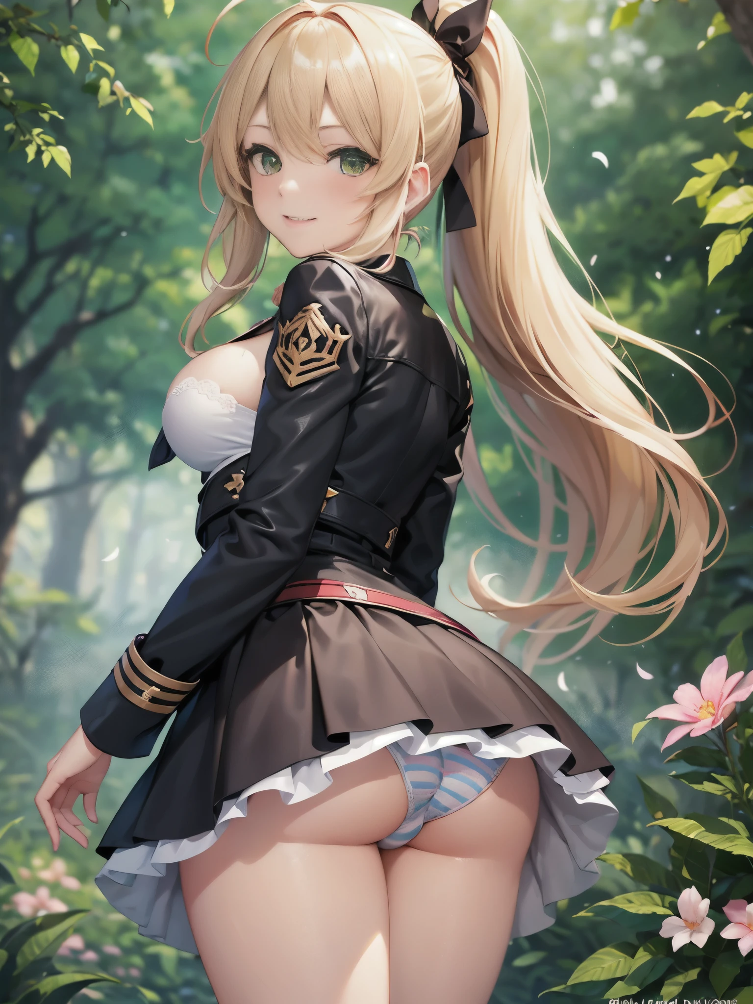 masterpiece, highest quality, Official Art, (Highly detailed CG Unity 8k wallpaper), Detailed Background, (Hand made:Guido Daniele: 1.1), Feet sticking out of the frame, First Person View, 1, Attractive and perfect beautiful woman, , jk, uniform, spring, cherry, The wind is blowing, ((Show your ass, The butt is sticking out, Skirt flip, I can see her panties)))), ( Curvaceous), ( White thighs: 1.12), (Blonde long hair: 1.12), (Ahoge: 1.13), (High Ponytail: 1.12), (Green Eyes: 1.13), Look at the people watching, big, (Cleavage), Beautiful Face, (blush: 1.11), (smile: 1.11)