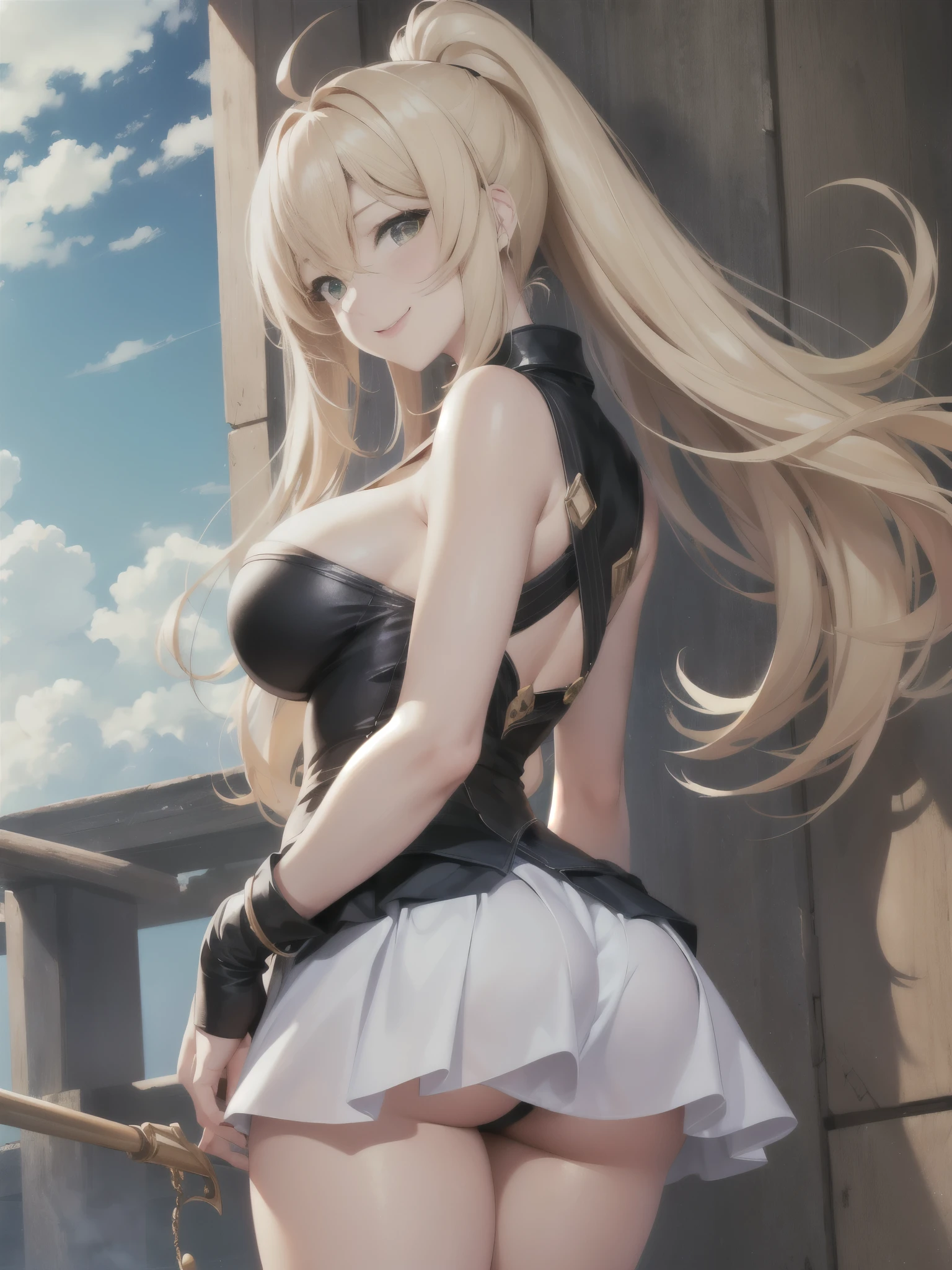 masterpiece, highest quality, Official Art, (Highly detailed CG Unity 8k wallpaper), Detailed Background, (Hand made:Guido Daniele: 1.1), Feet sticking out of the frame, First Person View, 1, Attractive and perfect beautiful woman, , jk, uniform, spring, cherry, The wind is blowing, ((Show your ass, The butt is sticking out, Skirt flip, I can see her panties)))), ( Curvaceous), ( White thighs: 1.12), (Blonde long hair: 1.12), (Ahoge: 1.13), (High Ponytail: 1.12), (Green Eyes: 1.13), Look at the people watching, big, (Cleavage), Beautiful Face, (blush: 1.11), (smile: 1.11)