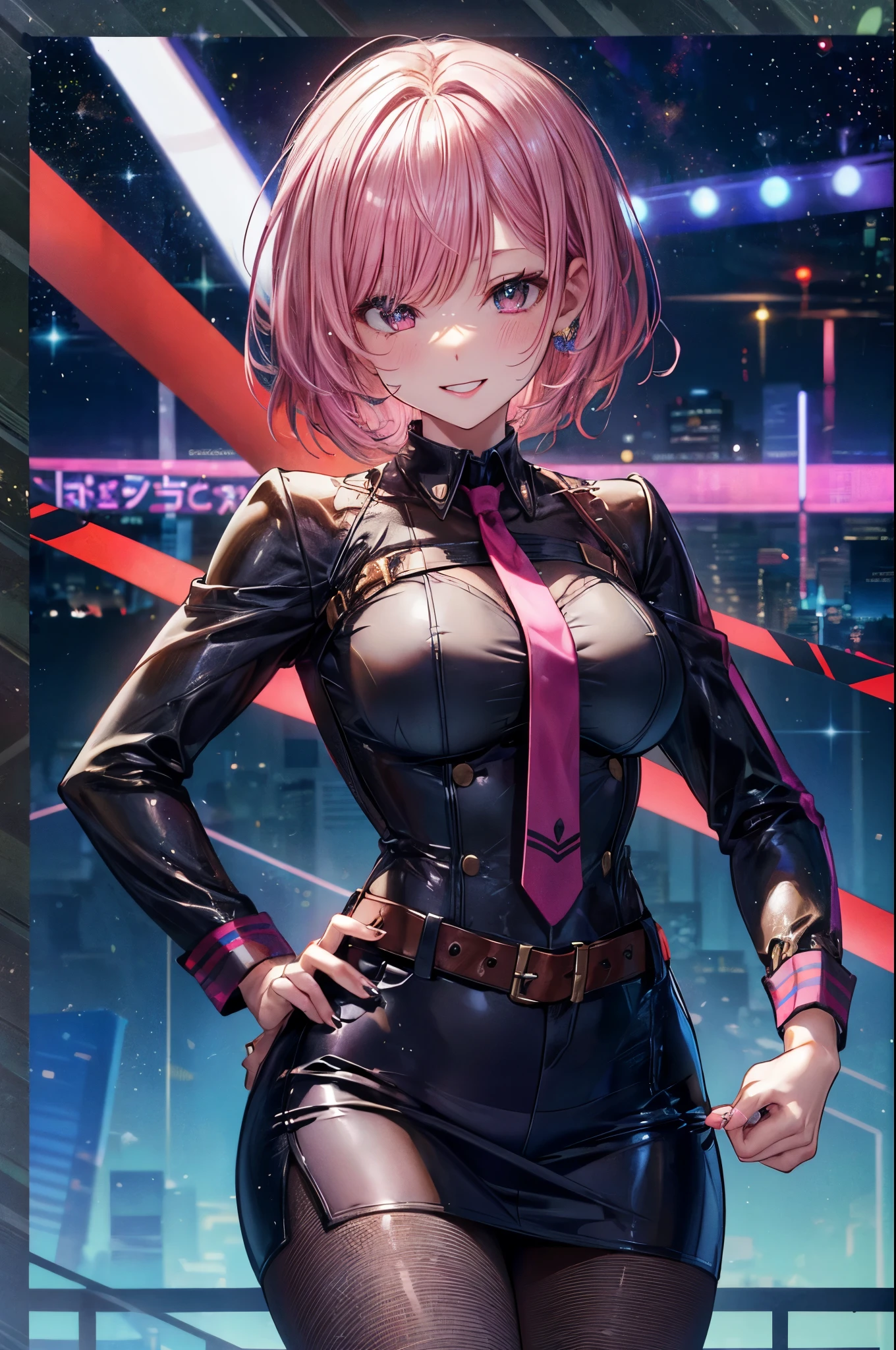 female teacher, skirt suit, (secretary), pencil Skirt, 4 defined fingers, 1 defined thumb, looking at viewer, solo, 1 woman, 25 years old, AI generated, highest quality, masterpiece, skindentation, perfect face, 8k , cowboy shot, short hair, (pink hair1.5), bob cut, black eye, smile, thin thighs, medium breasts, perfect limbs, sexy, (visible nipples:0.8), (camel toe:0.5), black miniskirt, pantyhose, standing, hand on hip,