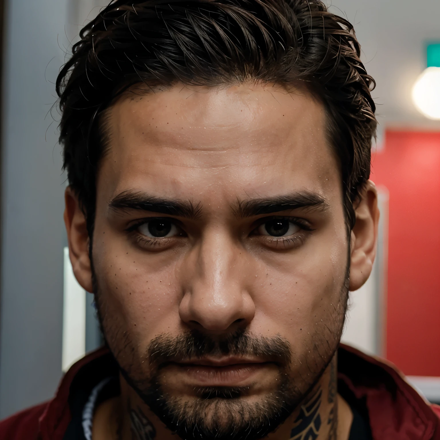 30 year old man, rubio, ojos azules, serious and cold expression, de nacionalidad rusa, 2.10 metros de altura, muy musculoso, muchos tatuajes, torso descubierto mientras fuma un cigarrillo.