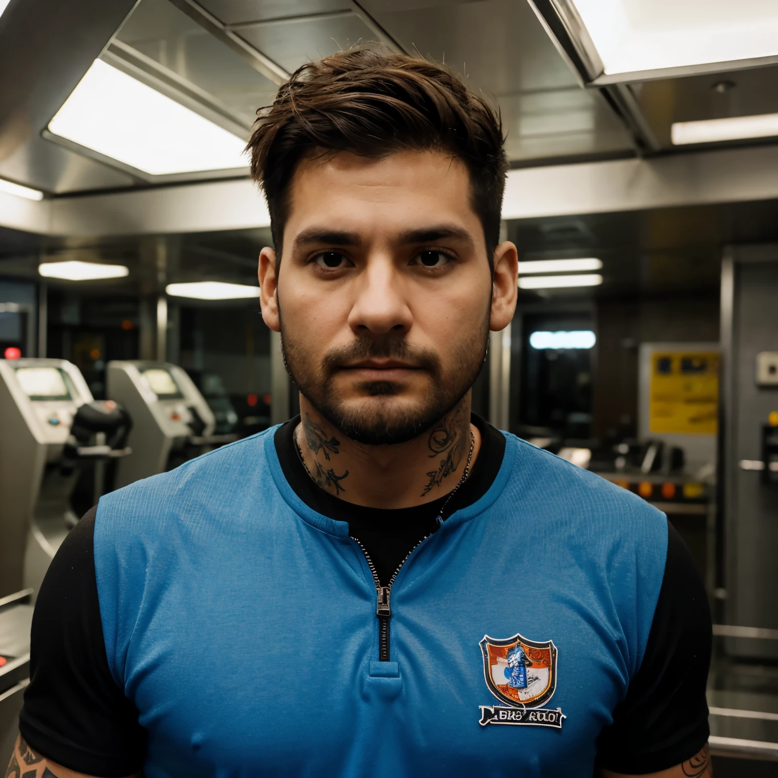 30 year old man, rubio, ojos azules, serious and cold expression, de nacionalidad rusa, 2.10 metros de altura, muy musculoso, muchos tatuajes, torso descubierto mientras fuma un cigarrillo.