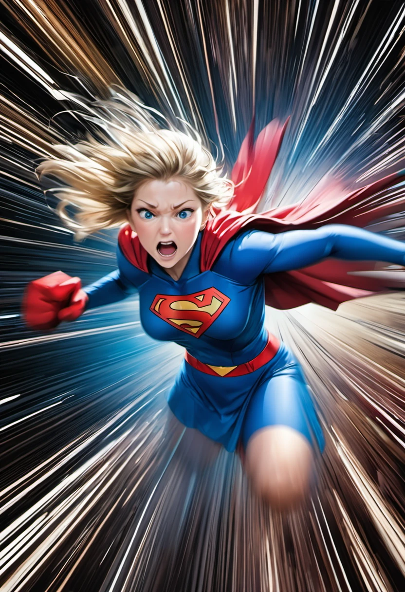 motion blur, blurry picture, superhero, japanese, supergirl, navel, (punch), depth, outerspace, (blur line), motion, abstract, award winning