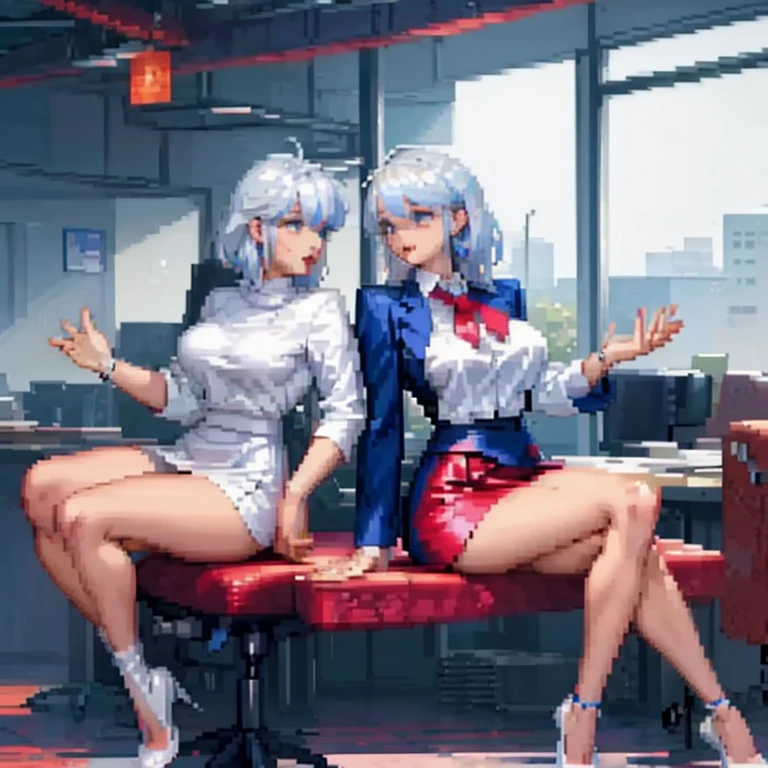 office lady, Two beautiful women embracing each other and deep kissing, wearing a tight skirt, White shirt, Recruitment suits, Sit with your legs apart, Heart Eyes, puffy nipples, Blue and White Hair Nude