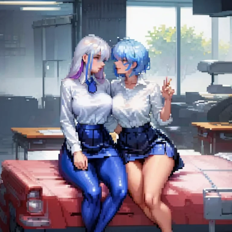 office lady, Two beautiful women embracing each other and deep kissing, wearing a tight skirt, White shirt, Recruitment suits, Sit with your legs apart, Heart Eyes, puffy nipples, Blue and White Hair Nude