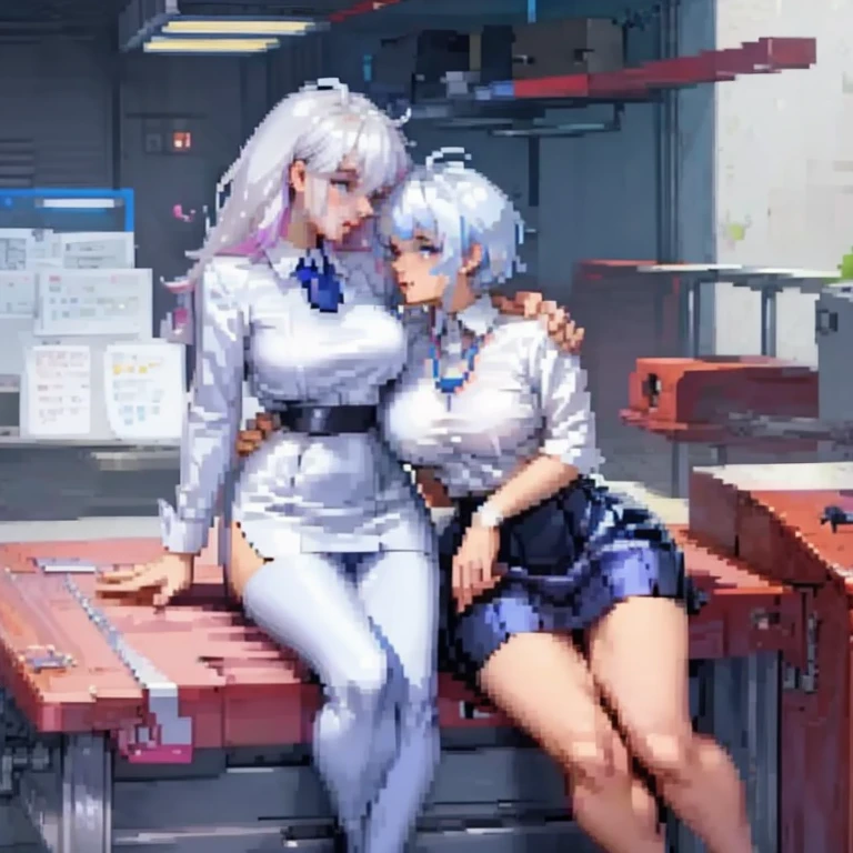 office lady, Two beautiful women embracing each other and deep kissing, wearing a tight skirt, White shirt, Recruitment suits, Sit with your legs apart, Heart Eyes, puffy nipples, Blue and White Hair Nude