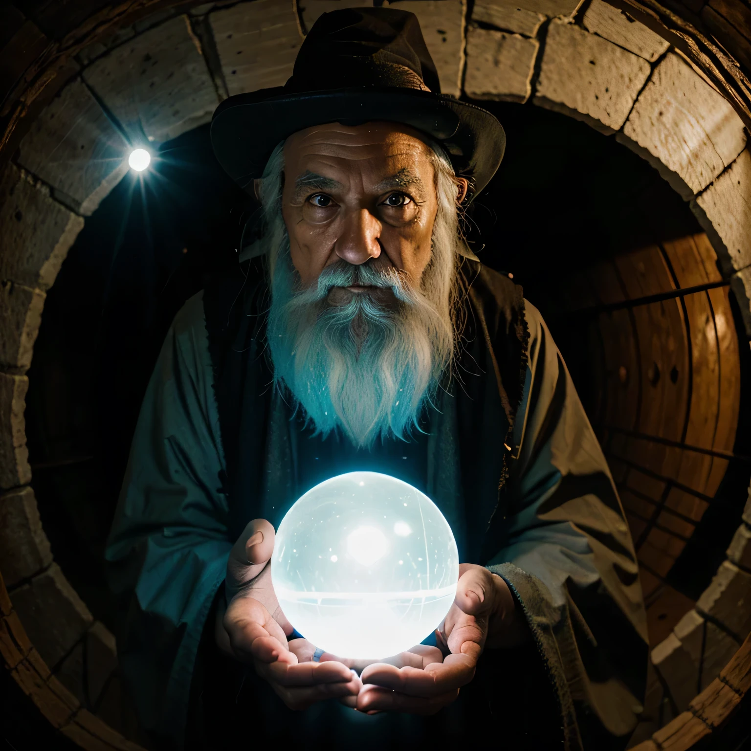 old wizard holding glowing orb. fisheye lense pov