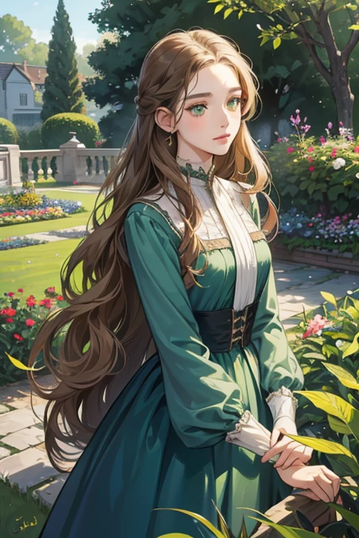 a digital painting of a woman with long brown wavy hair, green eyes, a young noble woman from the 1800's , soft features, navy blue dress, in a garden, portrait style