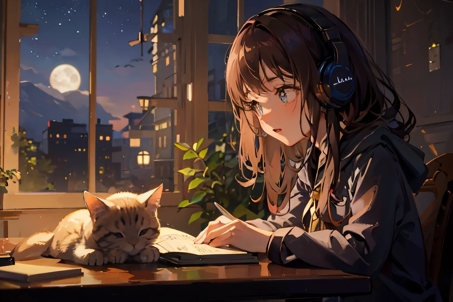 "(Girl sitting on a chair at a table), With headphones, There is a book on the table, study." There&#39;s a kitten next to me on the floor. Night near the window with stars and moon (Kitten on the floor)