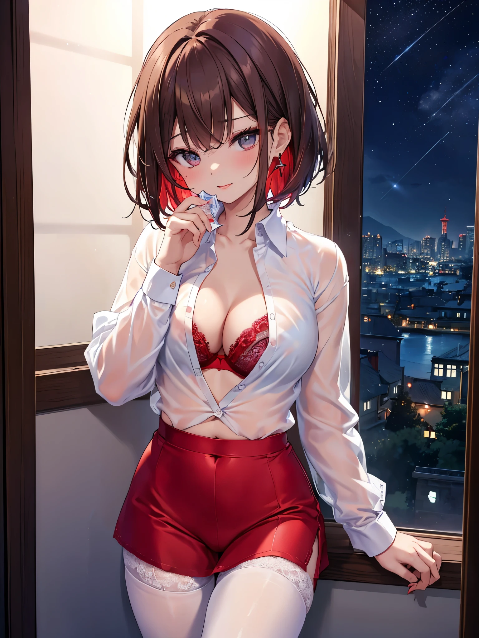(8K、Best image quality、highest quality、masterpiece)、Detailed face、((1 adult female))、Perfect Style、((Dark brown hair))、short hair、Straight hair、Parted bangs、light blue eyes、Earrings、Red Lip、smile、big breasts、((Unbuttoned white shirt:1.3))、Long sleeve、、((red lace bra:1.2))、Cleavage、belly button、((Red lace pantyhose:1.2))、Garter Straps、Hand in hand、((Holding a condom wrapper:1.0))、Cowboy Shot、((Night outside the window))、Night view background、((NSFW))