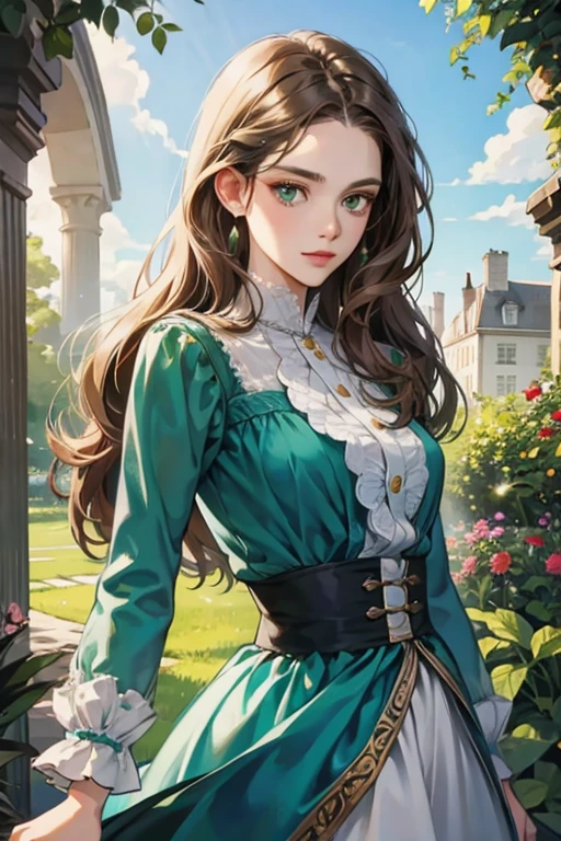 a digital painting of a woman with long brown wavy hair, green eyes, a young noble woman from the 1800's , soft features, navy blue dress, in a garden, portrait style