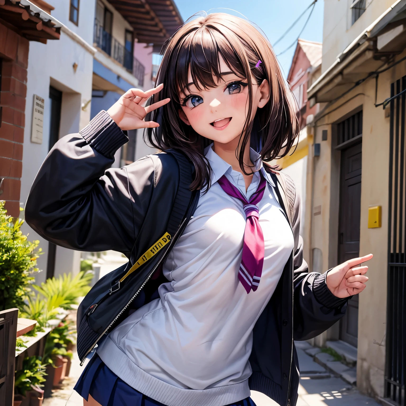 Una colegiala sin falda posando en la calle, 1 chica, cadera grande, cadera ancha, trasero grande, small breasts, coletas, sonrisa, ropa humeda, tanga