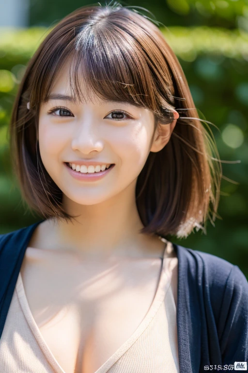 (masterpiece:1.3), (8K, Photorealistic, Raw photo, Best image quality: 1.4), Japanese female university student、(Random hairstyle:1.2)、Cleavage:1.2、Super detailed face、Eye for details、double eyelid、Chest to chest、Sharp focus:1.2、Beautiful woman:1.4、Light brown hair、highest quality、masterpiece、超A high resolution、(Photorealistic:1.4)、非常に詳細でプロフェッショナルな照明のsmile、thin、smile、Short-haired、Fatal position large breasts:1.3、Casual look、Date、garden、楽しそうなsmile