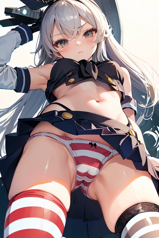 masterpiece, best quality, ultra detailed, ((striped panties)), (cowboy shot, crotch is close-up:1.2, ground-level, from below, mini skirt, KanColle Shimakaze, from front),