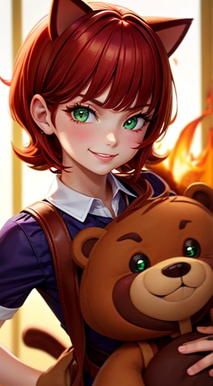 Green Eyes, annie, Red Hair, smiling, brown leather backpack, short hair, fake cat ears, long bangs, fire, teddy bear, tibbers, purple shirt, flame, throwing, close up
