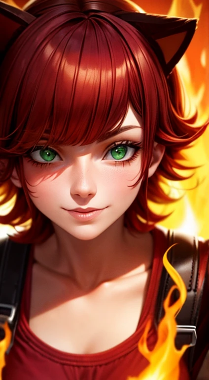 Green Eyes, annie, Red Hair, smiling, brown leather backpack, short hair, fake cat ears, long bangs, fire, teddy bear, tibbers, purple shirt, flame, throwing, close up