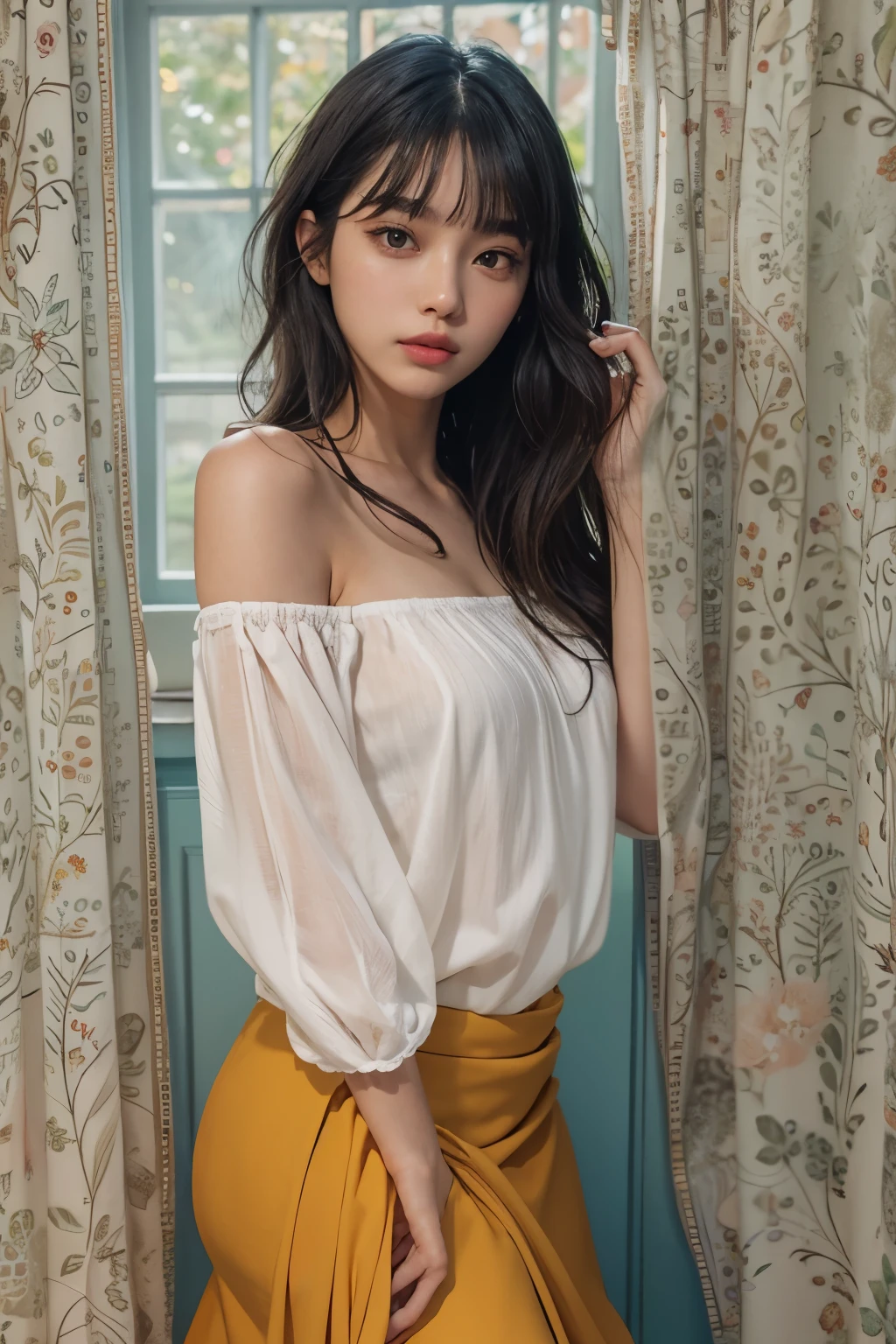 Araped woman wearing multi-colored blouse with long black hair, mustard colored skirt, curtain bangs, No makeup, wavy hair, Madison Beer, without makeup, 중앙에서 분리된 curtain bangs, Profile picture, Use Instagram Filters, Subtle soft and dim light, Pose sitting in front of a laptop, perfect face, julia sardinian, perfect hands, Random Actions,