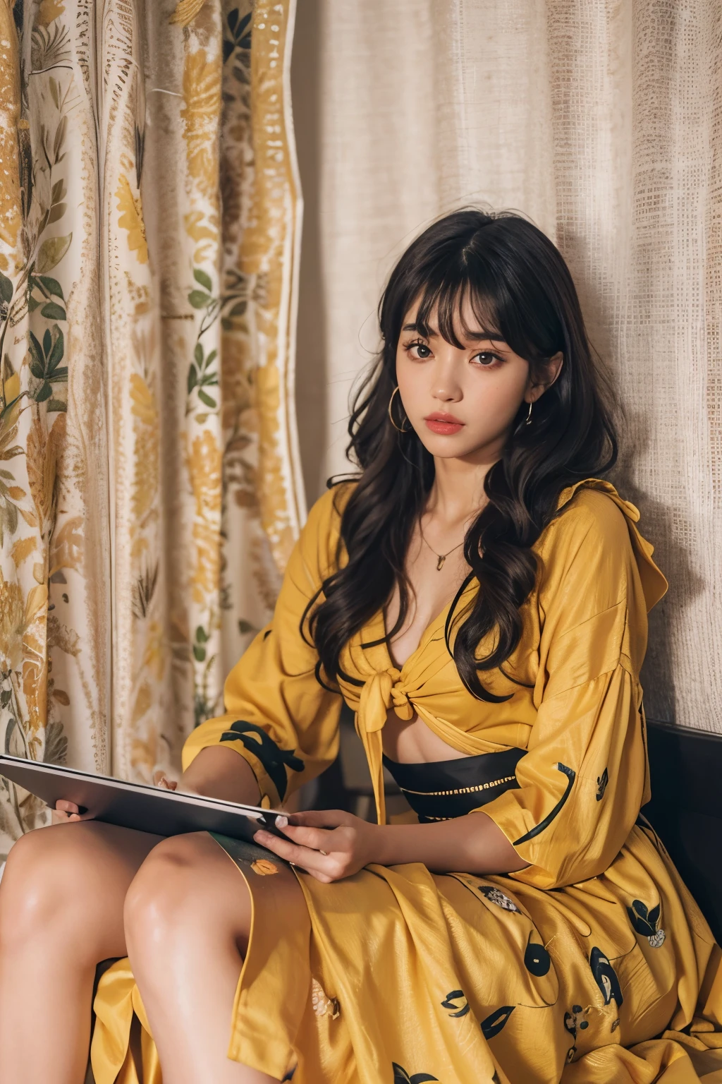 Araped woman wearing multi-colored blouse with long black hair, mustard colored skirt, curtain bangs, No makeup, wavy hair, Madison Beer, without makeup, 중앙에서 분리된 curtain bangs, Profile picture, Use Instagram Filters, Subtle soft and dim light, Pose sitting in front of a laptop, perfect face, julia sardinian, perfect hands, Random Actions,