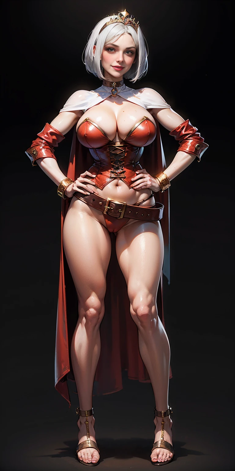 ((BLACK BACKGROUND,1:2, masterpiece)), full body MILF BIMBO standing with two long thighs and two high heels, red eyes, silver white hair, short bob style hair, big breasts, cleavage, separate sleeves, tiara royal, long cape up to two feet, yellow bikini, hands on waist, navel, lustful smirking smiling, smile face (red blushed, red cheeks), metal shoulders, gold sleeveless armbands, black leather choker slave collar, shackle bracelets, sex slave red crest, full body MILF BIMBO standing with two long thighs and two metal sandals, red eyes, silver white hair, short bob style hair, big breasts, cleavage, separate sleeves, tiara royal, long cape up to two feet, yellow bikini, hands on waist, navel, lustful smirking smiling, smile face (red blushed, red cheeks), metal shoulders, gold sleeveless armbands, black leather choker slave collar, shackle bracelets, sex slave red crest, pauldrons, breastplate, corset, eye focus, full body, whole body. 1solo . slave fighter, loincloth standing, hands on hips, metal sandals, backpack, choker, big belt, view from below, feet together, bracers, tiara)