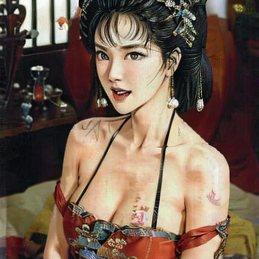 (best quality), (very aesthetic), (ultra-detailed), (best illustration),(a mature female),(perfect face),Mrs. Mi,Three Kingdoms,(((NSFW))),((full_body)),((full_NUDE),(Woman with pubic hair),red cheek,sweating,skinny,flushed skin,(standing),traditional Chinese bedroom,