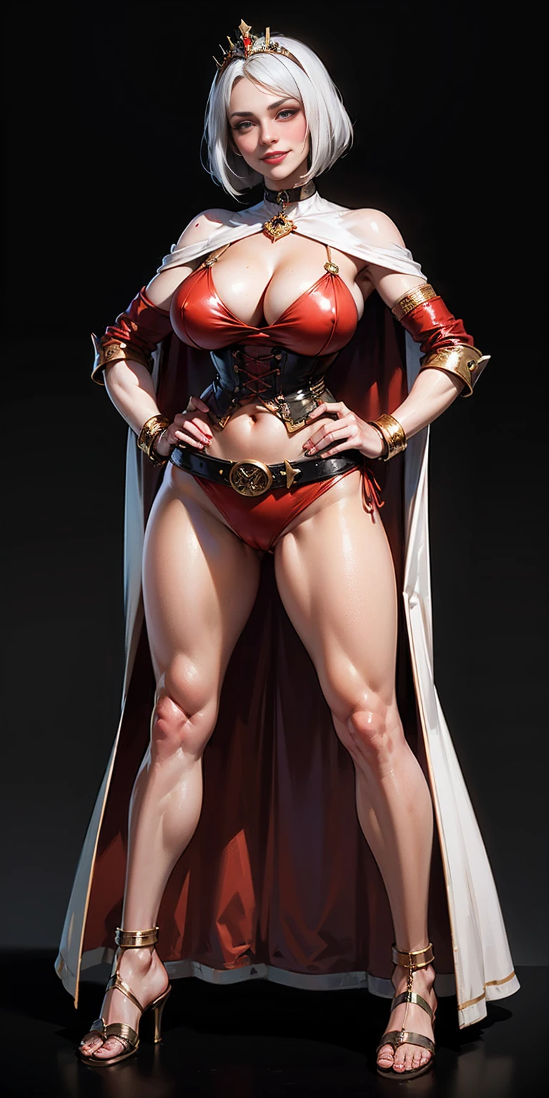 ((BLACK BACKGROUND,1:2, masterpiece)), full body MILF BIMBO standing with two long thighs and two high heels, red eyes, silver white hair, short bob style hair, big breasts, cleavage, separate sleeves, tiara royal, long cape up to two feet, yellow bikini, hands on waist, navel, lustful smirking smiling, smile face (red blushed, red cheeks), metal shoulders, gold sleeveless armbands, black leather choker slave collar, shackle bracelets, sex slave red crest, full body MILF BIMBO standing with two long thighs and two metal sandals, red eyes, silver white hair, short bob style hair, big breasts, cleavage, separate sleeves, tiara royal, long cape up to two feet, yellow bikini, hands on waist, navel, lustful smirking smiling, smile face (red blushed, red cheeks), metal shoulders, gold sleeveless armbands, black leather choker slave collar, shackle bracelets, sex slave red crest, pauldrons, breastplate, corset, eye focus, full body, whole body. 1solo . slave fighter, loincloth standing, hands on hips, metal sandals, backpack, choker, big belt, view from below, feet together, bracers, tiara)
