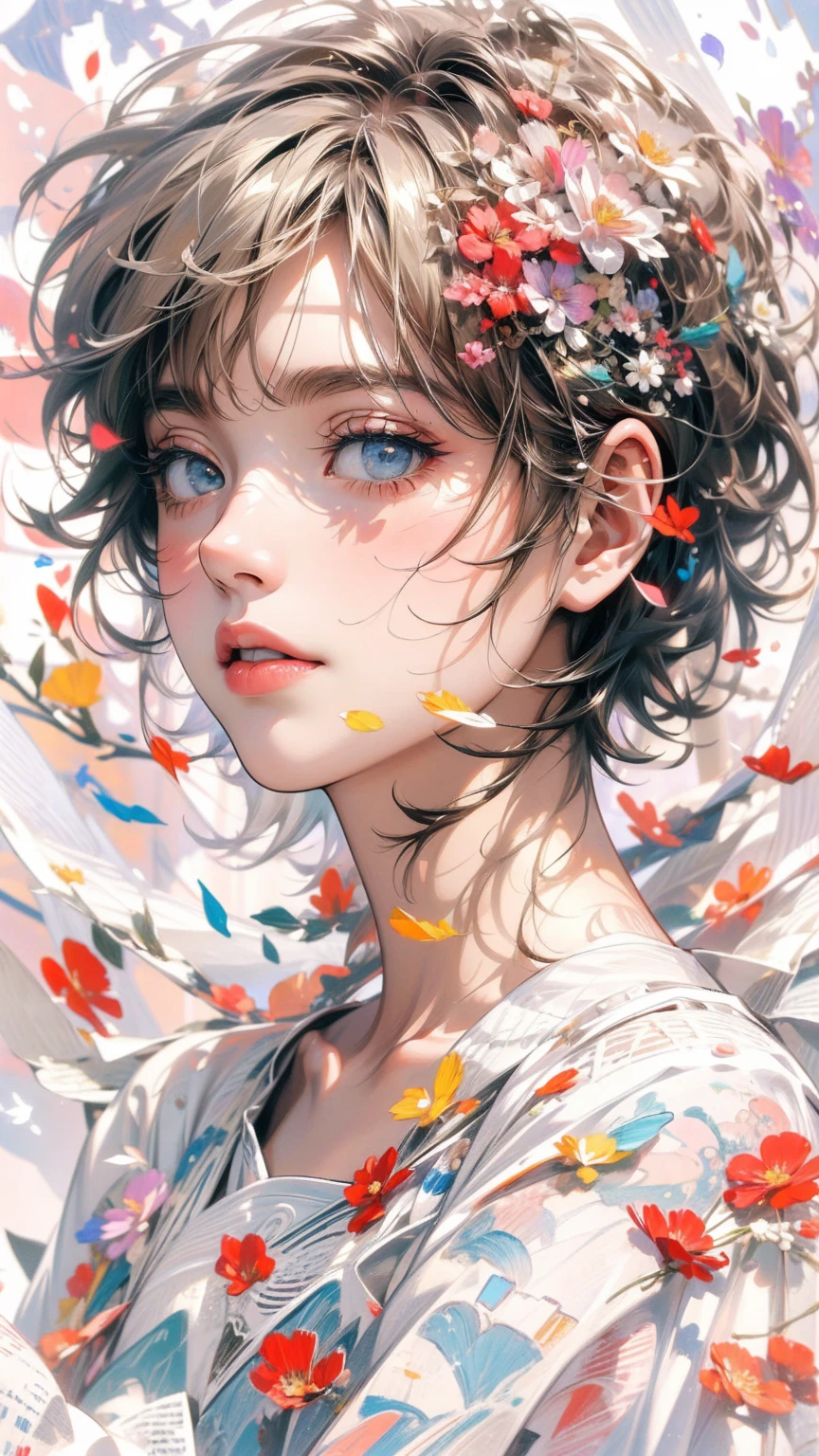 (masterpiece, High resolution, highest quality), Composition from head to thighs:1.3, Upper body focus, 20-year-old woman, Short Hair, Disorganized, Collage with petals, abstract design, Impressionism, artistic juxtapositions, White background, mixed-media approach, Anime Style, simple lines, Digital Painting,