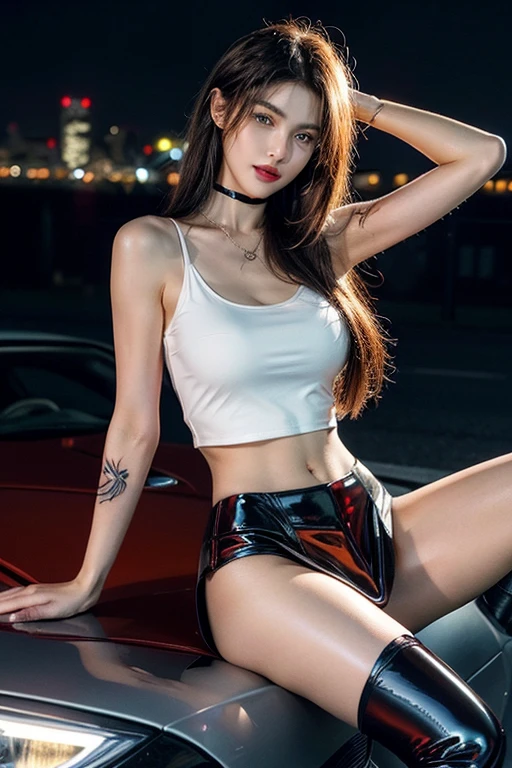 (realistic:1.5),(best quality), Very detailed and realistic CG work., (Masterpiece),(detailsดีเยี่ยม), Quality like a DSLR camera, exquisite, high resolution, 8k wallpaper, Beautiful night view of Cyberpunk city.:1.2, The city is decorated with neon lights and holograms.., Create a unique atmosphere for the cyberpunk world. (1 girl), Beautiful girl, 25 years old (half body:1.5), Blonde hair mixed with orange,Athletes with strong bodies,Height 165 cm., Have a six pack,There are muscles in every part., Tightening muscles, Thighs are strong and beautiful., details, Big hips, The legs are large with muscular grooves., Beautiful legs,muscular legs, You can see the veins on your arms and hands., The arms have beautiful muscular grooves., (beautiful tattoo:1.4),,outer thigh tattoo,upper arm tattoo, (A short, single-strap tank top that lifts up and hugs bulging breasts., light clothing,The shirt has a deep scoop neck, showing off her breasts, revealing her breasts.), Wear red high heeled ankle boots.)), (Luxurious shiny latex:1.4),(Red pleated miniskirt,Shiny, lowest waist:1.4,)、20 years old、Show your belly,(Cute tattoos:1.4)、It's wet.,choker:1.4、necklace:1.4、earring:1.4、 Beautiful face、Look without fear、beautiful eyes,beautiful brown eyes, Sharp eyes,Dark eyelids,Long eyelashes, red lips,Biting your lip looks sexy,Thin mouth,The corners of the mouth are raised.,(dynamic gesture', (Open your legs to eye level.)、((Sit on the hood of a luxury car and open your legs.)) Pose in style,(Stylish beautiful girl:1.4))、