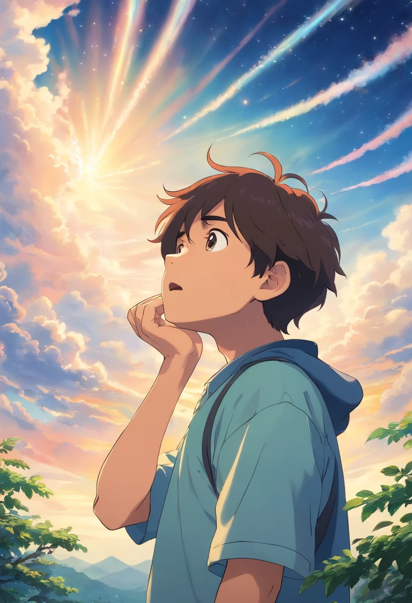 Boy crying looking up at the sky , memakai kaos putih bertuliskan "farqon"