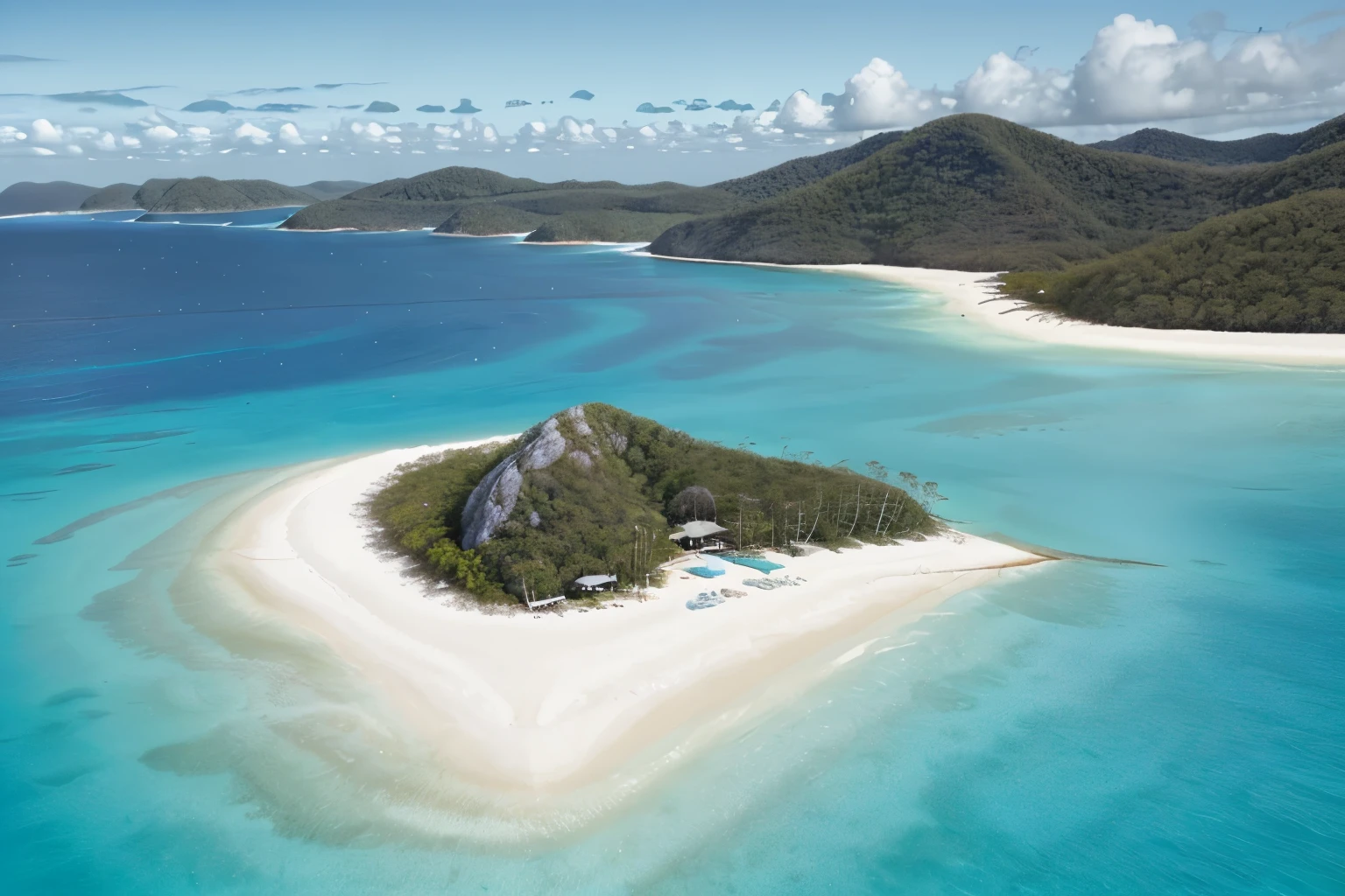 Whitehaven Beach, Australia: Known for its pristine white silica sand and crystalline waters, tucked away in the picturesque Whitsunday Islands. A stunning aerial photograph captures the beachfront, showcasing the vibrant turquoise hues of the ocean against the stark white sand and lush greenery. The image exudes a sense of tranquility and natural beauty, with every detail sharp and vivid, inviting viewers to immerse themselves in the serene coastal landscape.