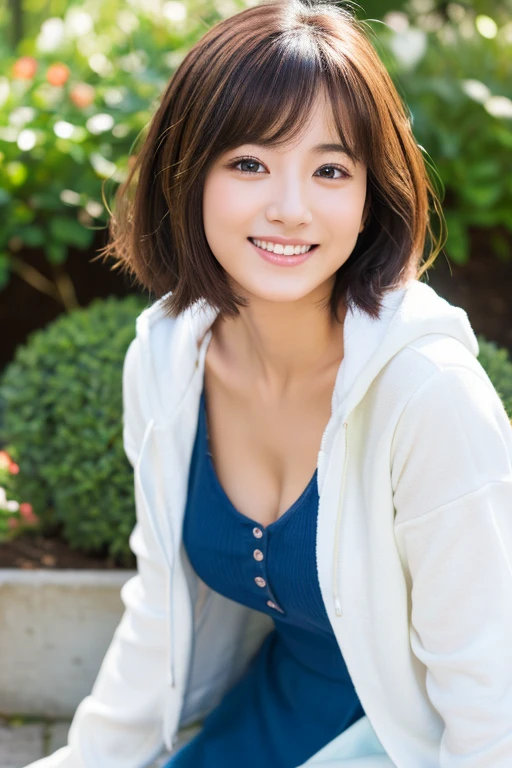(masterpiece:1.4), (8K, Photorealistic, Raw photo, Best image quality: 1.4), Japanese female university student、(Random hairstyle:1.2)、Cleavage:1.2、Super detailed face、Eye for details、double eyelid、Chest to chest、Beautiful woman:1.4、Light brown hair、highest quality、masterpiece、超A high resolution、(Photorealistic:1.4)、非常に詳細でプロフェッショナルな照明のsmile、thin、smile、Short-haired、Fatal position large breasts:1.3、White hoodie、mini skirt、Date、garden、楽しそうなsmile